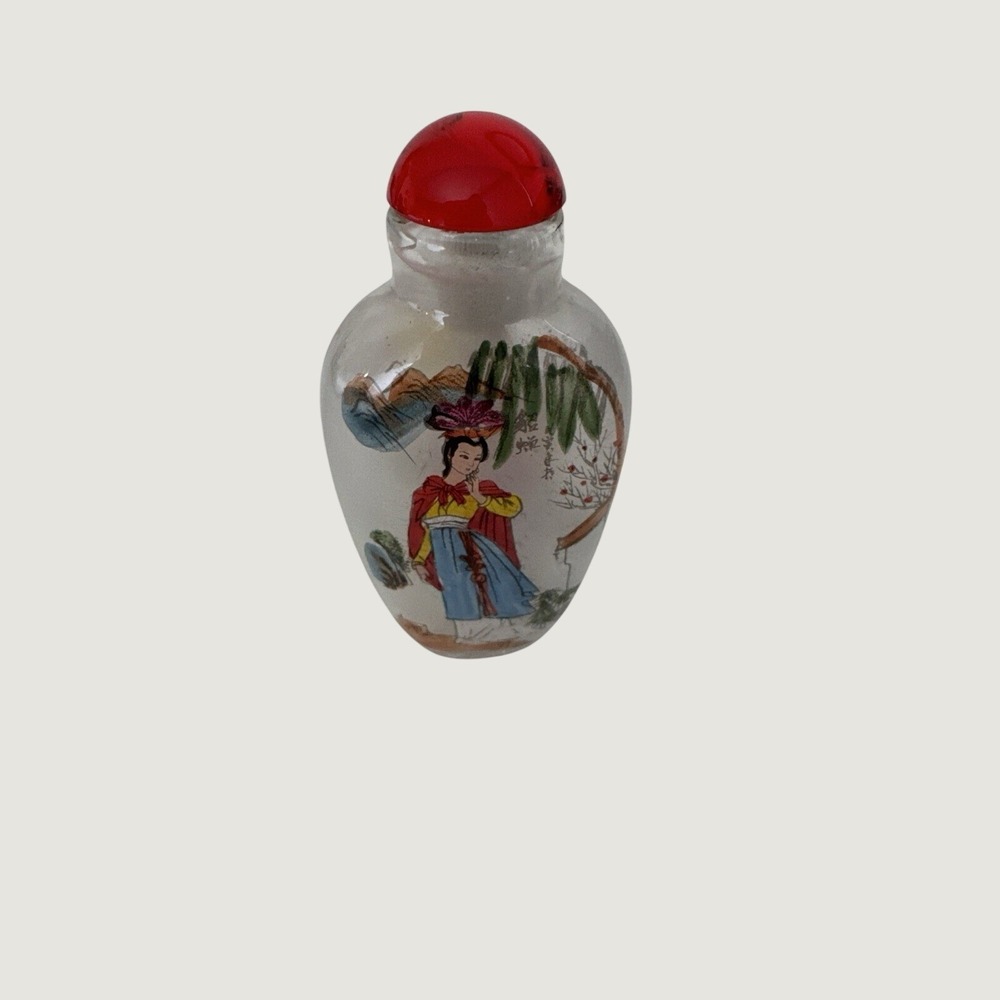 Vintage Chinese Inside Painted Glass Snuff Bottle Oriental Woman Red Stopper